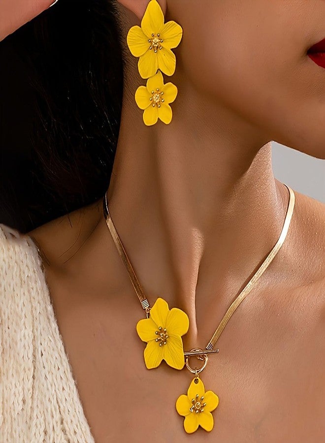 GLMOCM Boho Flower Earrings Necklace Set for Women Gold Flower Pendant Necklace and White flower Statement Earrings Spring Earring Spring Trendy Jewelry Accessories (Yellow) - Image 2